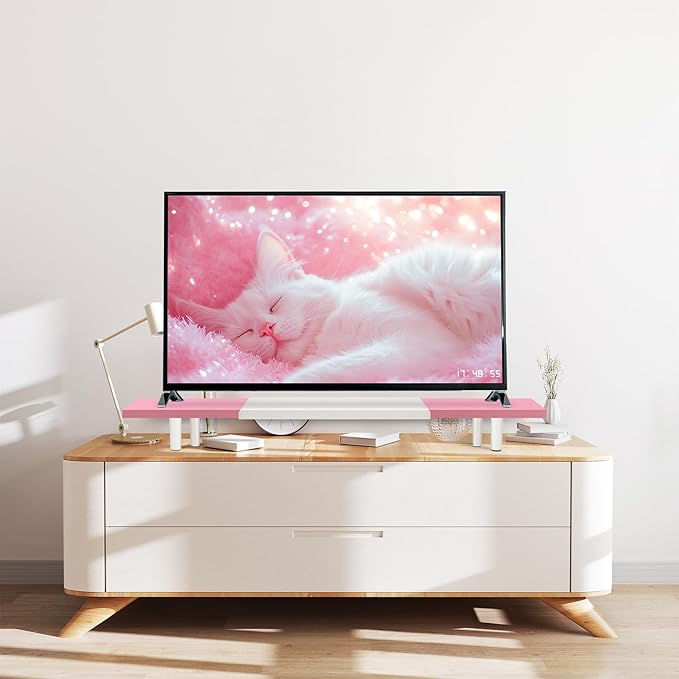 Dual-Monitor-Stand-Riser-For-Desk Adjustable Length 32-40 Inch，Large Desktop Computer Monitor Riser For 2 Screens，Desk Shelf Organizer Riser Stand For Computer/Laptop/PC/Printer/TV