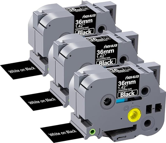 Hehua Tze Tz Tape 36mm 1.4 inch Laminated Black Tape Compatible for Brother P-Touch TZe-365 TZe365 TZ-365 TZ365 Label Tape for Ptouch PT 3600 530, 1.4'' x 26.2ft White on Black, 3 Pack