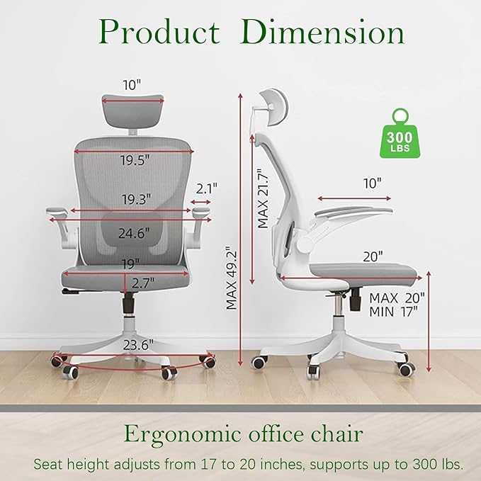 Ergonomic Office Chair, High-Back Mesh Computer Desk Chair with Adjustable Height, Lumbar Support, Flip-Up Armrests,headrest，and Swivel Rolling Design for Home and Office Use