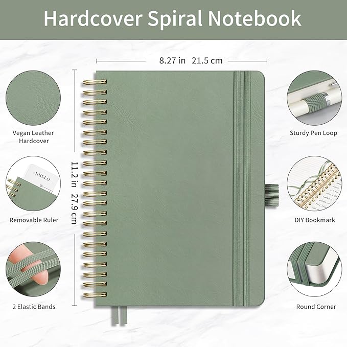 EMSHOI Spiral Notebook College Ruled, 300 Numbered Pages, A4 Large Hardcover Leather, 100 GSM Thick Lined Journal for Women Men Work Writing Journaling Note Taking, 8.27" x 11.2", Light Green