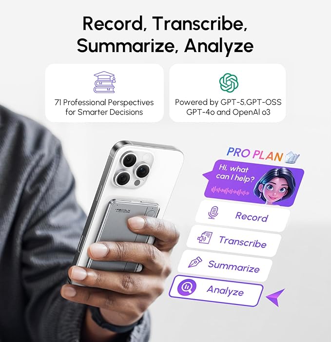 AI Voice Recorder, App Control, Transcribe & Summarize with 71 Pro Templates, Deep AI Analysis, Record Anytime Anywhere for Meetings, Work, Lectures, 112 Languages,Grey