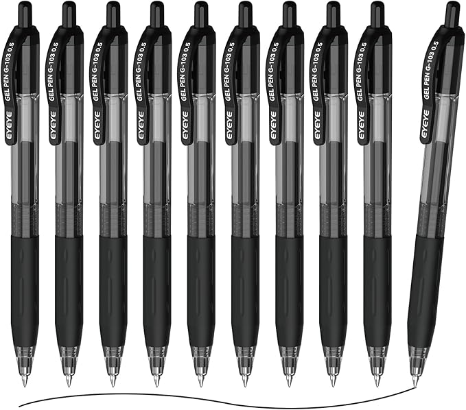 EYEYE G-103 10 Pack Retractable Gel Pens 0.5mm, Black Ink Pen Extra Fine Point Quick Dry, 0.5 mm Ballpoint Pen Fine Point Smooth Writing Pens for for Office School Supplies