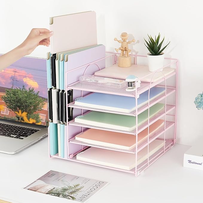 AUPSEN Desk File Organizer, 5-Tier Paper Letter Tray with File Holder Multifunction Office Supplies and Accessories for Office School Home (Pink)