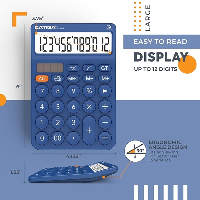 CATIGA 12 Digit Desktop Calculator Basic Desk Calculator with Large LCD Display, Big Buttons, 4 Function, Solar and Battery Dual Power, for Office, School, Home, SD-1292 Navy Blue