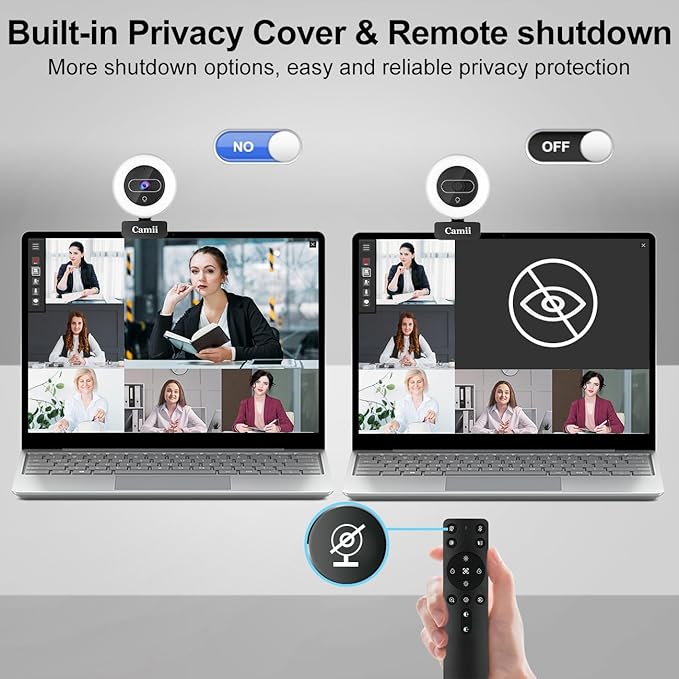 4K Webcam with Light, HD Webcam for PC with Remote Control, Built-in Privacy Cover, Adjustable Brightness, Noise Reduction Mics, for Zoom Skype Teams Laptop and Google Meet