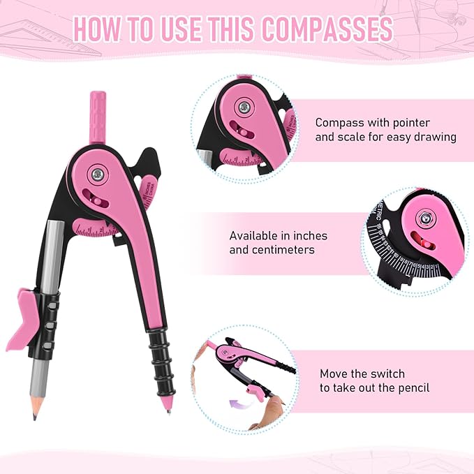 EBOOT Student Geometry Math Set, Drawing Compass and 6 Inch Clear Swing Arm Protractors 180 Degree Math Protractor(Pink)