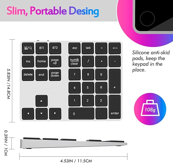 Foloda Bluetooth Number Keypad, Wireless 10 Keys Number Pad for Laptop, 34 Keys Rechargeable Numeric Numpad Key Pad Extensions Keyboard for Chromebook Notebook MacBook