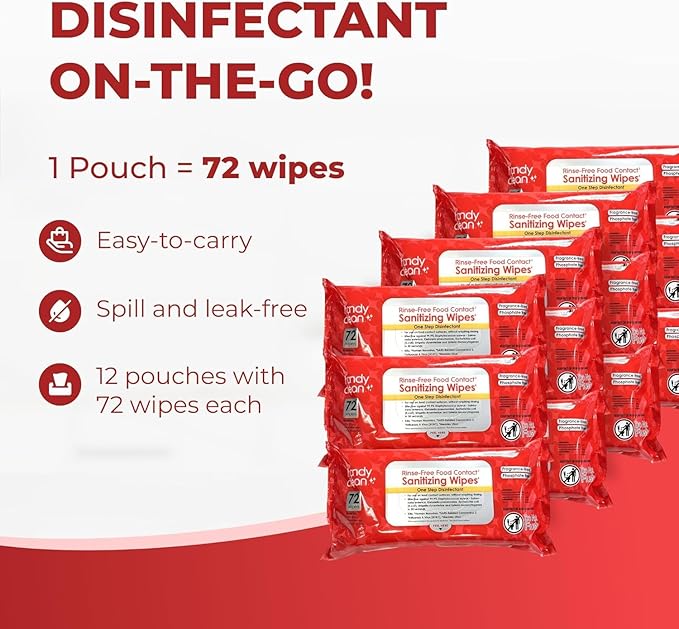 HandyClean Rinse-Free Food Contact Sanitizing Wipes Pouch, Multi Surface Cleaning Supplies for Kitchen and Professional Setting - 12 pack, 864 count