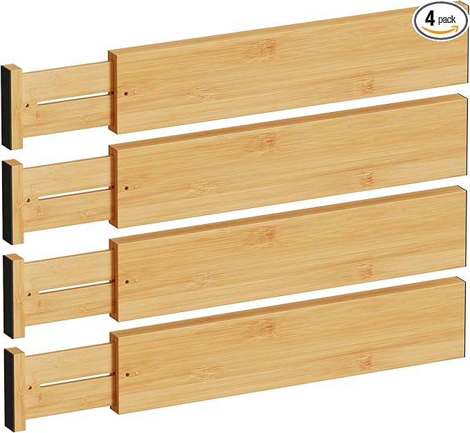 BAMEOS 4" High Drawer Dividers Bamboo Separators Organization Expandable Organizers for Kitchen Bedroom Bathroom Dresser Office 4-pack