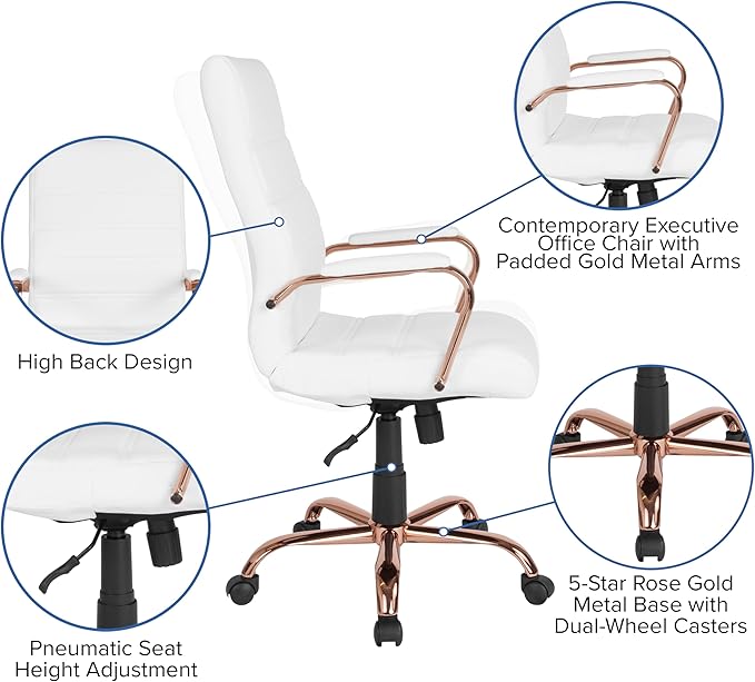 Flash Furniture Whitney High-Back Swivel LeatherSoft Desk Chair with Padded Seat and Armrests, Adjustable Height Padded LeatherSoft Office Chair, White/Rose Gold
