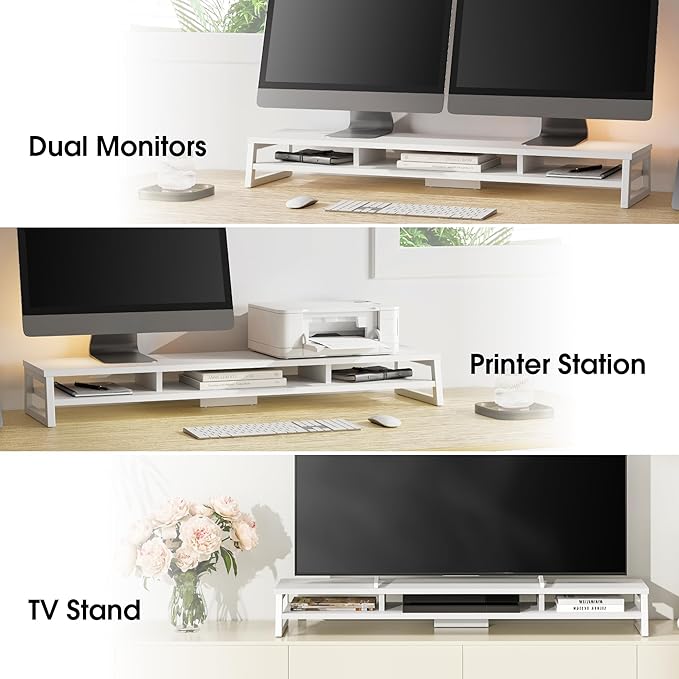 Fenge Dual Monitor Stand for Desk, 42.5in Large Monitor Riser for 2 Monitors, 2 Tier Computer Office Desk Top Shelf, Desktop Storage Stand for Laptop, PC, Computer, Printer