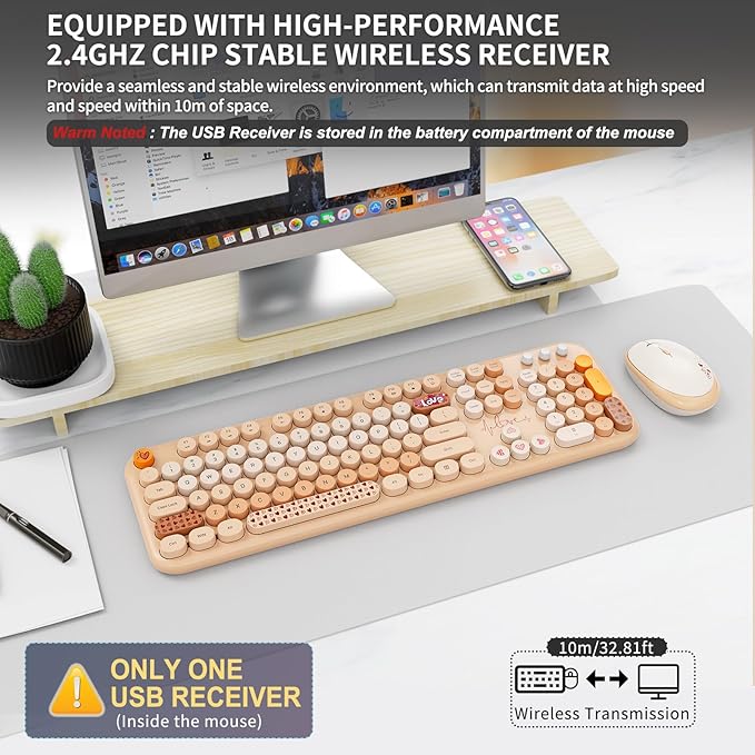 FOPETT Wireless Keyboard and Mouse Combo - 2.4G Full-Sized Cute Colorful Retro Keyboard with Round Keycaps 104 Keys Typewriter Keyboard for Laptop/Windows/PC - Milk Tea Colorful