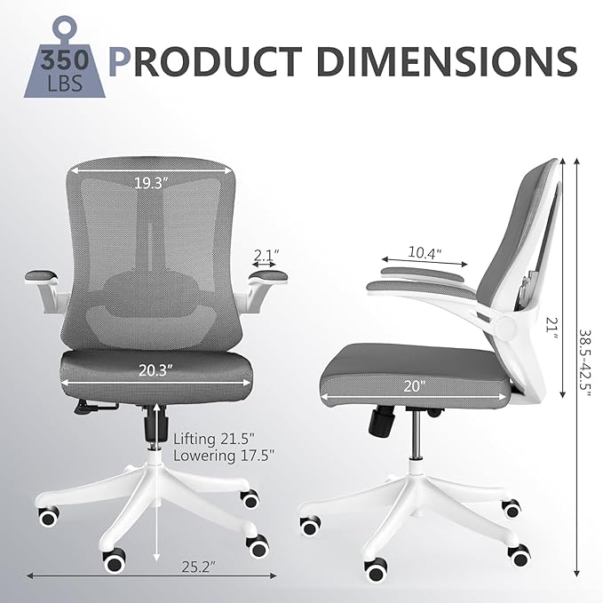 Computer Office Chair, Ergonomic Comfort Home Desk Chair, Mid Back Gaming Chair with Wheels, Adjustable Height, Lumbar Support, Flip-up Armrest with 350LBS Capacity