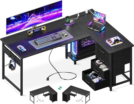 Casaottima L Shaped Desk with 4 Tier Drawers, 53" Gaming Desk with Power Outlets & USB, Reversible L-Shaped Computer Desk with CPU Stand, Home Office Corner Desk with Storage, Easy Assemble, Black