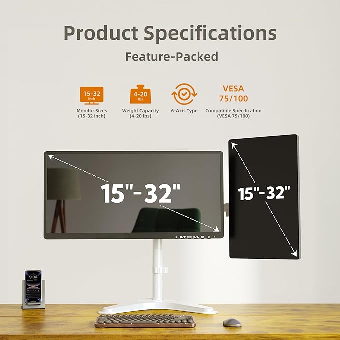 Claiks Dual Monitor Mount, Ergonomic Adjustable Monitor Arm for Max 32 inch Screens, Adjustable Computer Monitor Stand up to 40 lbs, VESA Mounting Holes 75&100mm, White
