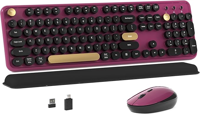 Colorful Wireless Computer Keyboard and Mouse Combo with Round Typewriter Keycaps, Retro Design, Power Switch, Ergonomic Design, 2.4GHz Wireless for Windows, Mac, PC（Black-Claret）