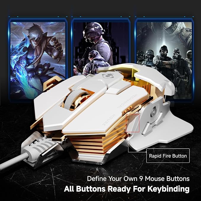 EWEADN G5 Wired Gaming Mouse, Ergonomic RGB Computer Mouse, 12800 Adjustable DPI, 9 Programmable Macro Buttons with Rapid Fire Key Compatible for PC/Laptop/Windows-White