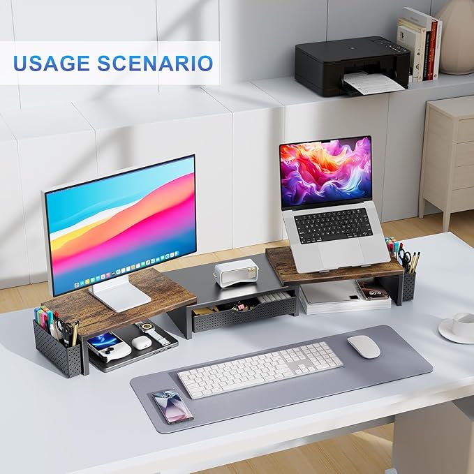 gianotter Dual Monitor Stand Riser, Desk Organizer With Drawer and 2 Pen Holders,Computer Monitor Stand, Desk Shelf for Top of Desk, Wood