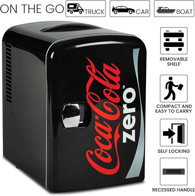 Coca-Cola Zero CZ04 4 Liter/4.2 Quarts 6 Can Portable Cooler/Mini Fridge, Beverages, Baby Food, Skincare and Medications-Use at Home, Office, Dorm, Car, RV or Boat-AC & DC Plugs Included, Black/Red