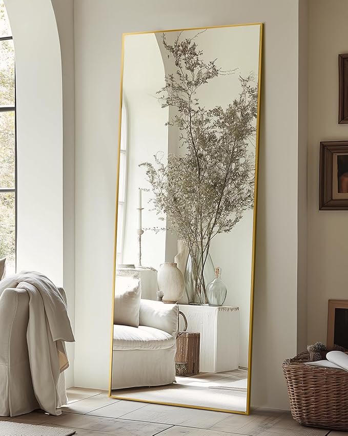 Antok Full Length Mirror, 59"x18" Floor Mirror, Floor Standing Freestanding Full Body Mirror with Stand for Bedroom, Hanging Mounted for Living Room Cloakroom, Gold