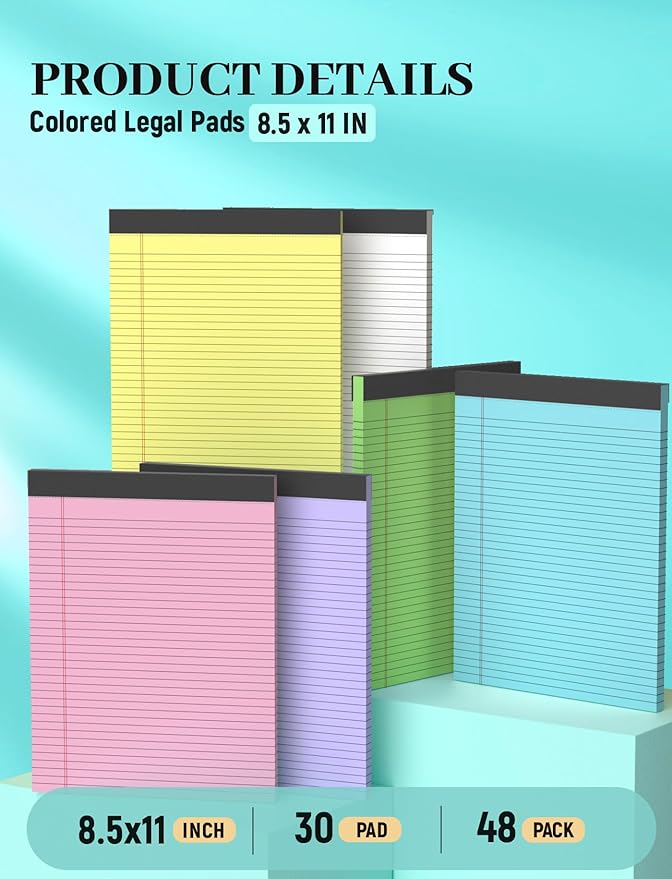 Colored Legal Pads, Yellow Legal Pads 8.5 x 11, 48 Pack Note Pads 8.5 x 11 Wide Ruled, Notepads 8.5 x 11 with Sturdy Back, Perforated Writing Paper Pads, Colored Lined Pads for Office, School, Home