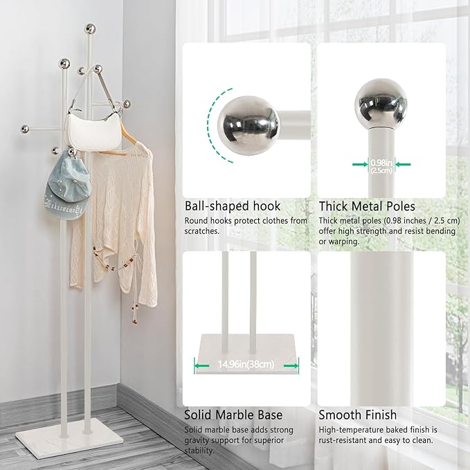 Free Standing Coat Rack with Marble Base & 8 Steel Hooks Clothes Rack for Entryway Bedroom Living Room Hotel 14.96 x 10.24 x 68.9 Inches (White)