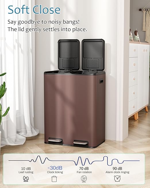 16 Gal (2 x 30 L) Dual Trash Can, Stainless Steel Kitchen Garbage Bin, Recycle Dustbin with Odor Control Box, Soft-Close Lid, Inner Buckets, Side Handle, Step Pedal, for Home Office