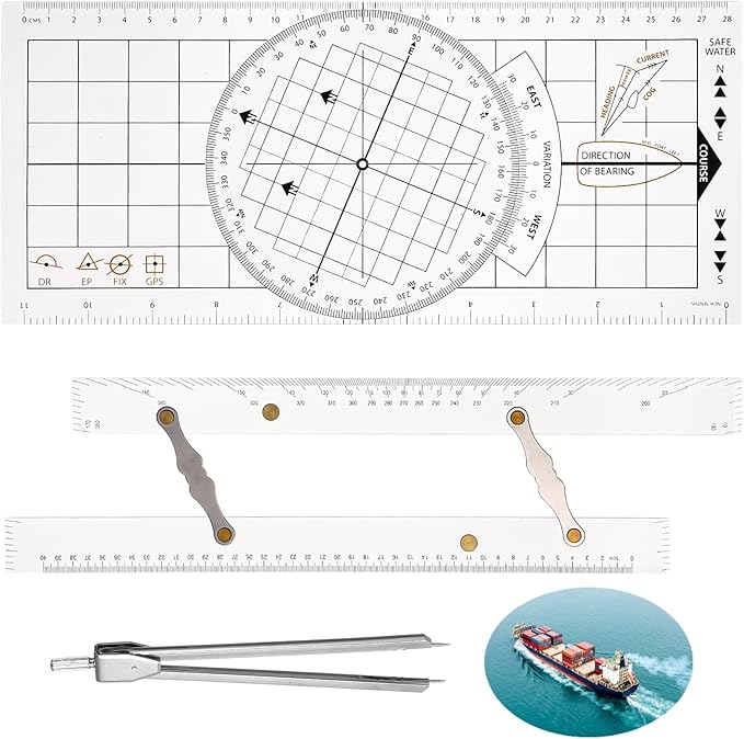 3 Pcs Basic Navigation Set, Including Marine Parallel Ruler, Nautical Protractor, and Navigation Fixed Point Divider, Marine Accessories with Clear Scales for Boat