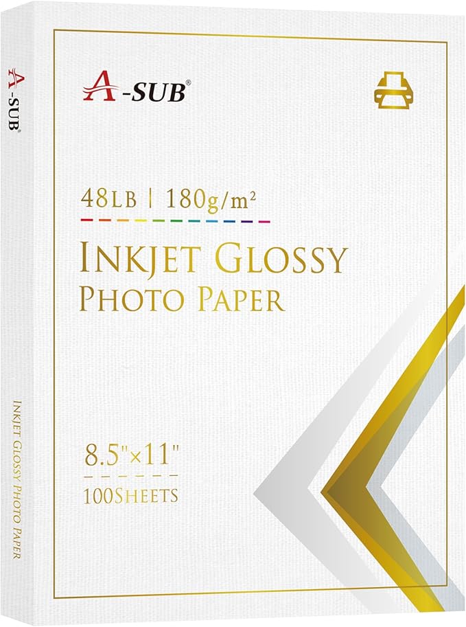 A-SUB Inkjet Glossy Photo Paper 8.5X11 Inches 48lb 180gsm Professional Glossy Photographic Paper for Inkjet Printers Dye Ink 100 Sheets