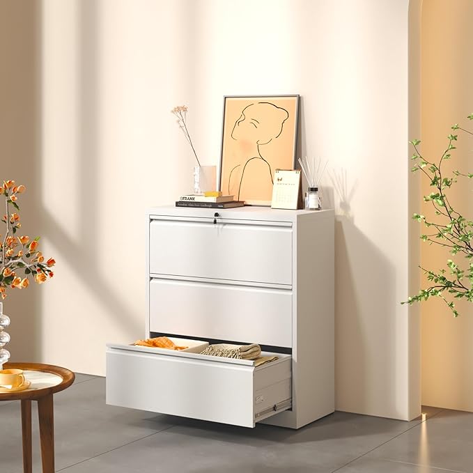 3 Drawer Lateral File Cabinet with Lock, Metal Lateral Filing Cabinet for Home Office, Steel Wide Horizontal Filing Cabinets for Letter/Legal/A4/F4 Hanging Files (White)