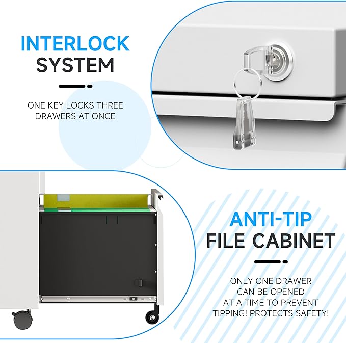 Bestoo 3 Drawer Mobile File Cabinet, Metal Filing Cabinets with Lock Wheels Under Desk, Lockable Rolling File Cabinet for Home Office, Fit Letter/Legal/A4 Size (White)