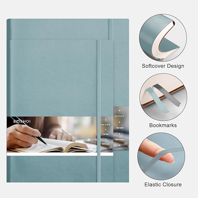 EMSHOI A4 College Ruled Notebook Journal- 400 Pages (200 sheets), 7mm Spacing & Vegan Leather Cover for Work, School, Bible Study, Bullet Journaling- with Sticky Notes, Pocket & Pen Holder - GrayBlue