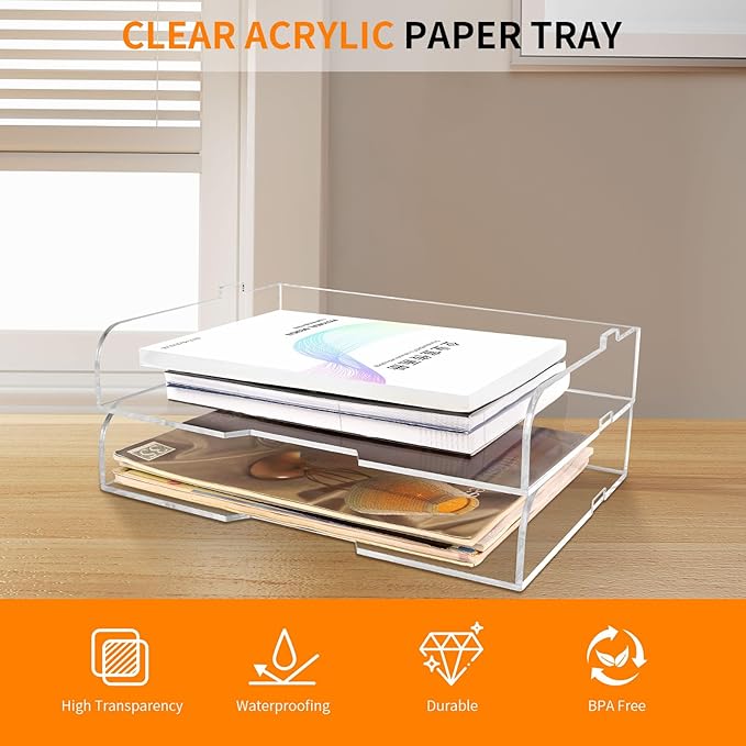 2 Pack- Stackable Paper Letter Tray,Clear Acrylic Magazine Holder and File Organizer - Sleek Desk Organizer for Home Office, Bookshelf, or Workspace - Space-Saving Transparent Document Holder