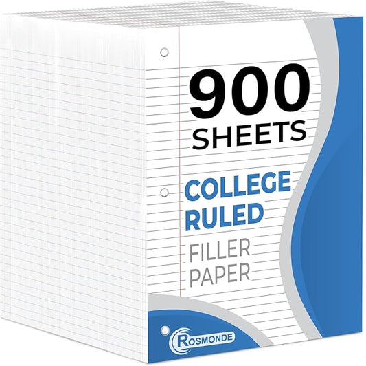 6 Pack Loose Leaf Paper, 900 Sheets, College Ruled, 8" x 10.5", 56 gsm Bulk Office Filler Paper, 150 Sheets/Pack, 3 Hole Punched, College Ruled Paper for 3 Ring Binder, Notebook Paper, White