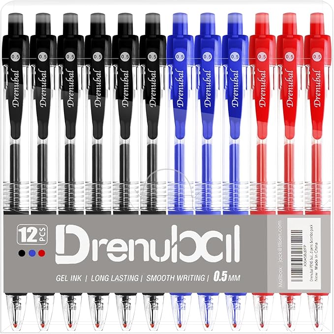 Assorted Color Quick-Dry Ballpoint & Gel Ink Pens - 12-Pack 0.5mm Fine Point Retractable for School Office, Rubber Grip - Smooth Writing Pens