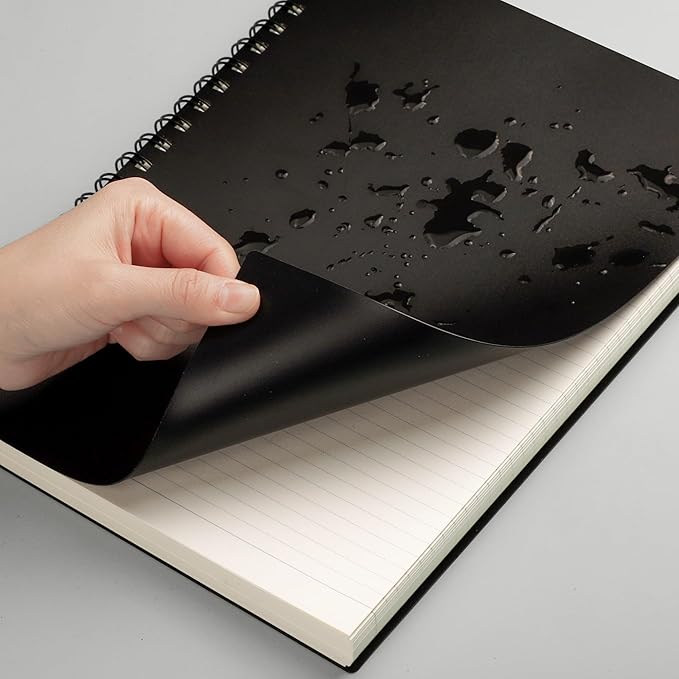 EMSHOI A4 Spiral Notebook Lined Journal, 11.2" X 8.27", 300 Pages/150 Sheets, 100gsm Thick Paper, Waterproof Softcover, Twin-Wire Binding, for School Work Writing Note Taking-Black