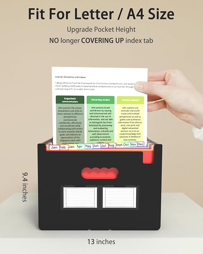 4 Pack Expanding File Folder, 24 Pocket Accordian File Organizer A4 Letter Size Portable Document Organizer with Colored Tabs, Expandable Desktop Accordion Folder -Black