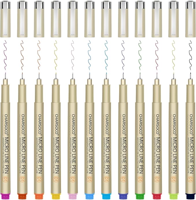01 Micro Pen, 12 Colors Fine Point Pen, 0.25mm Fineliner Ink Pens for Artist Illustration, Waterproof Archival Ink, Sketching, Anime, Manga, Technical Drawing and Scrapbooking