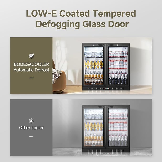 BODEGACOOLER Back Bar Cooler With 2 Glass Doors,Commercial Bar Cooler Under Counter7.4Cu.Ft,Back Bar Fridge, Beverage Bar Refrigerator with LED Lighting for Display Beverage,for Beer,Soda Drinks,Wine