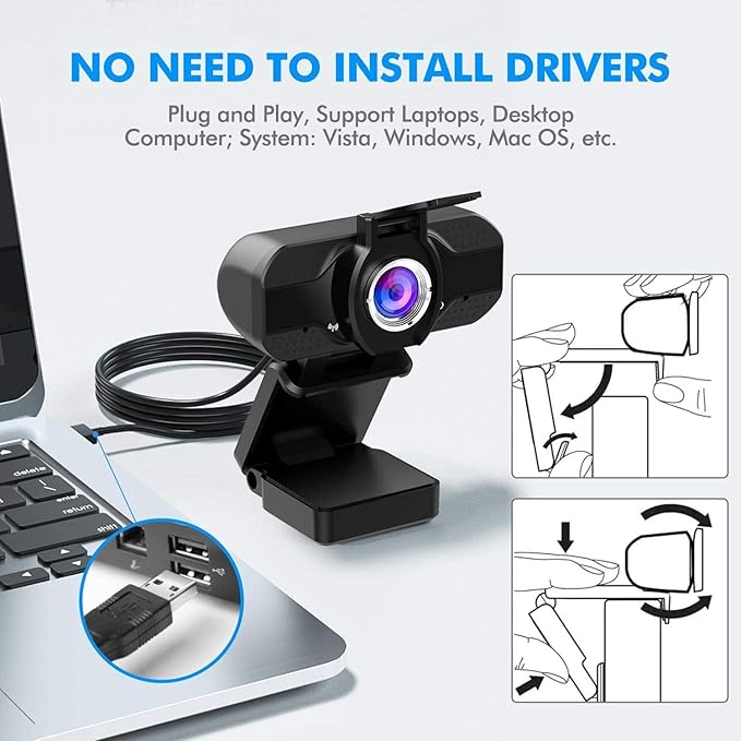 Full HD 1080p Webcam with Privacy Shutter and Tripod, Video and Wide Angle Camera, Built-in Mic, Widescreen USB Computer Camera for Laptop Desktop