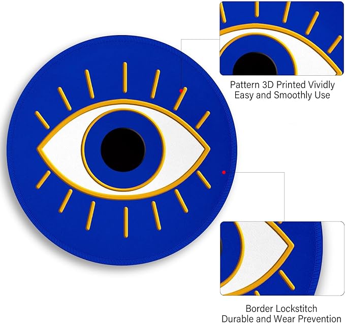 Evil Eye Lucky Round Mouse Pad, Small Mouse Pad with Non-Slip Rubber Base, Stitched Edge Mousepad for Desk Wireless Mouse, Gaming Mouse Mat for Computer Laptop Home Office Women Men, 8.6 x 8.6 Inch