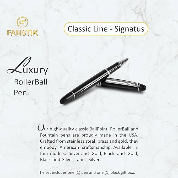 Customized RollerBall pen with name (MADE IN USA), stainless steel, black and silver, luxury engraved pen personalized for men and for women. (RollerBall Black-Silver)