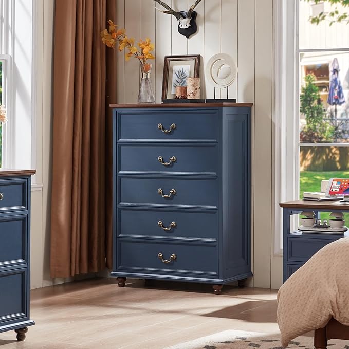 Farmhouse 5 Drawer Dresser Set of 2 for Bedroom, 45" Tall Rustic Chests of Drawers w/ 4 Solid Wood Feet, Mid Century Vintage Wooden Closet Storage Dressers Organizer for Living Room, Navy Blue