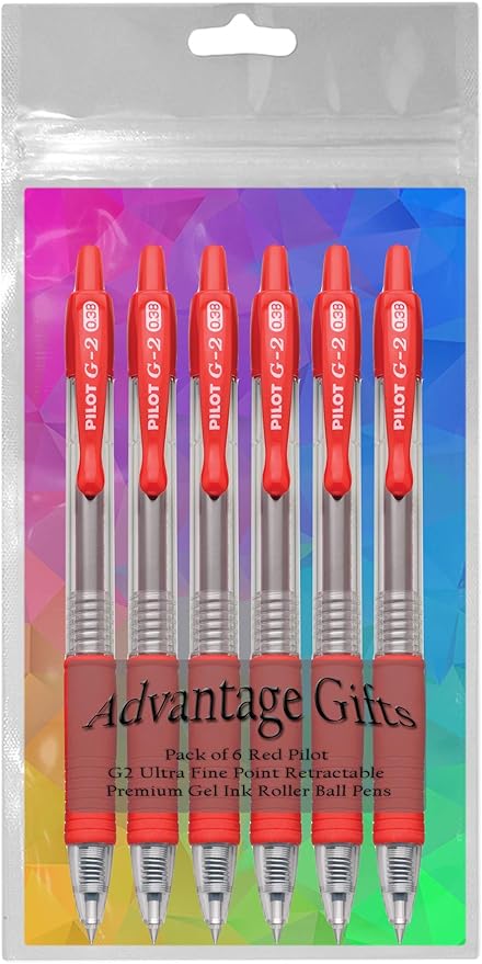 G2 Retractable Premium Gel Ink Roller Ball Pens Ultra Fine Point (.38mm) Red Ink 6 pack; Refillable & Premium Comfort Grip Bundle with Plastic Reusable Pouch