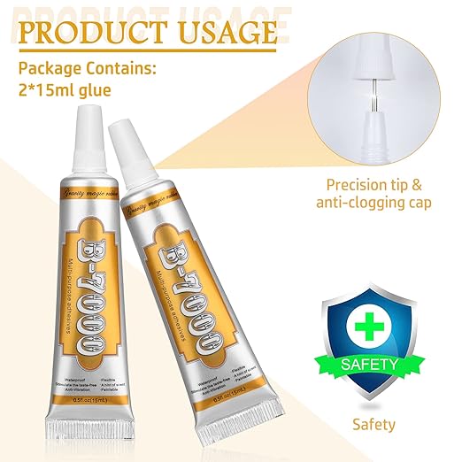 B7000 Clear Glue for Jewelry Making, Upgrade B-7000 Adhesive Crafts Glue Multipurpose Super Glue for Scrapbooking Supplies, School DIY Craft Glass, Fabric, Wood, Rhinestones Gems Clothes (2X 15ML)