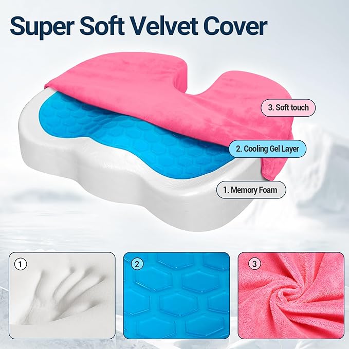Gel Seat Cushion for Car Office - Memory Foam Pain Relief Chair Pillow Cushions - Tailbone Sciatica Coccyx Butt Lumbar Support Pad for Sitting Driving Traveling, Velvet, Pink