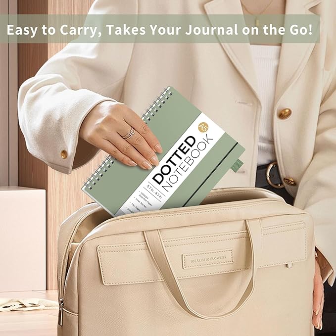 AHGXG Bullet Dotted Journal - Dot Grid Spiral Notebook A5, 160 Pages, 100 GSM Thick Paper, Waterproof Plastic Cover Journals for Bullet Journaling, Sketching, 5.7" x 8.3", Sage Green