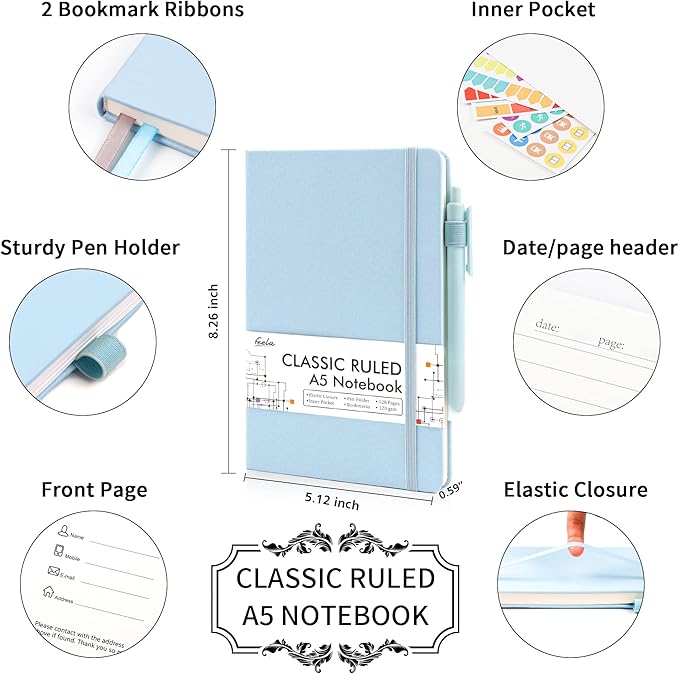 feela 3 Pack Notebooks Journals Bulk, Hardcover Notebook Classic Ruled Lined Journals with Pen Holder for Women Girls School Business Supplies, with 3 Black Pens, 120 GSM, 5.1”x8.3”, A5, Light Blue