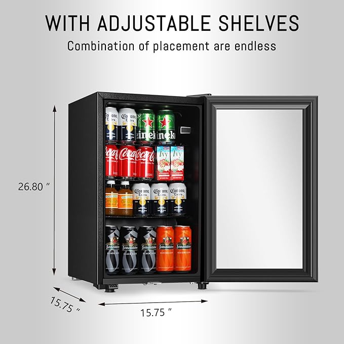 Beverage Refrigerator, 2.3 Cu.Ft, Mini Fridge with Glass Door for Soda Beer, Freestanding Beverage Cooler for Office, Bar, Adjustable Shelving&Adjustable Foot