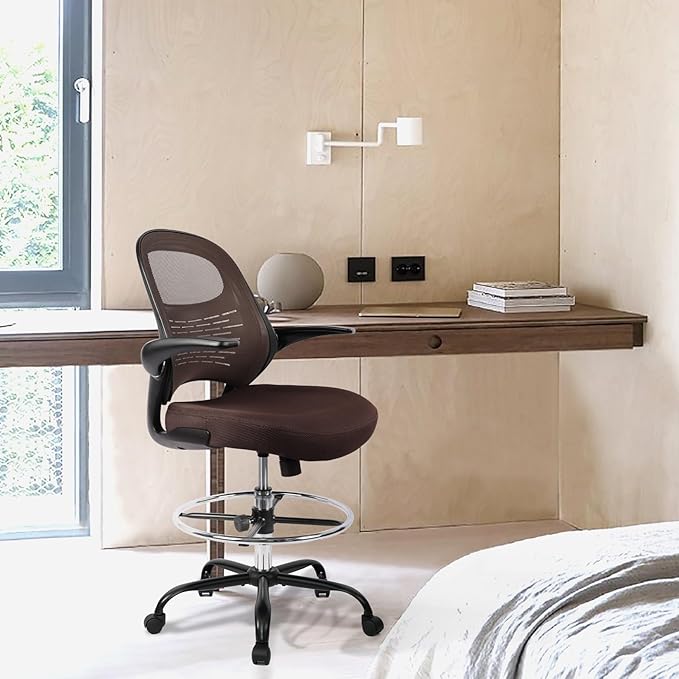 HYLONE Tall Drafting Chair Standing Desk Chair with Flip-Up Armrests, Adjustable Height Ergonomic Office Chair with Footrest Ring - High Stool Chair for Standing Desk (Brown)
